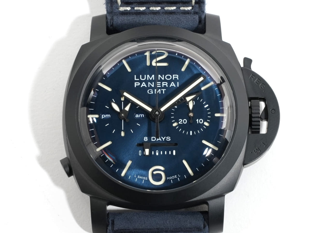 パネライ ルミノール クロノ モノプルサンテ GMT ブルーノッテ Ref.PAM01135 ミッドナイトブルー文字盤 美品 4352s9nk