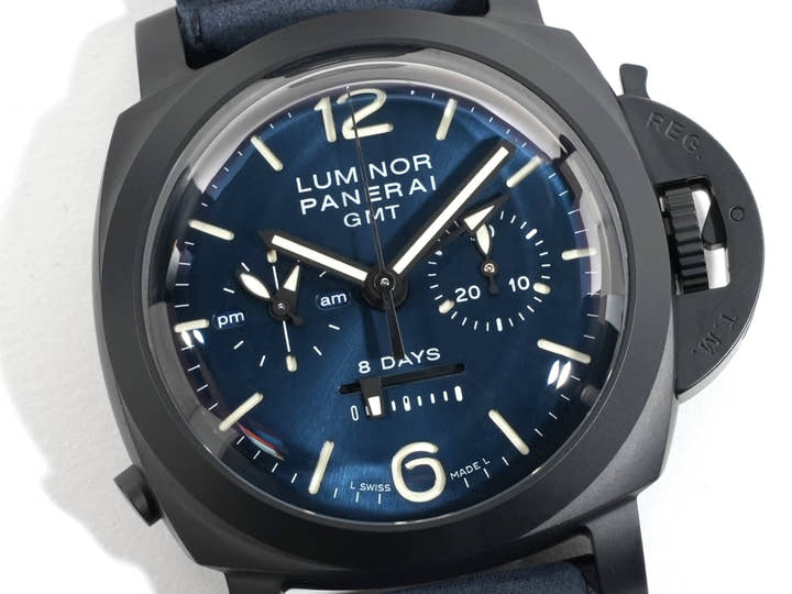 パネライ ルミノール クロノ モノプルサンテ GMT ブルーノッテ Ref.PAM01135 ミッドナイトブルー文字盤 美品 4352s9nk