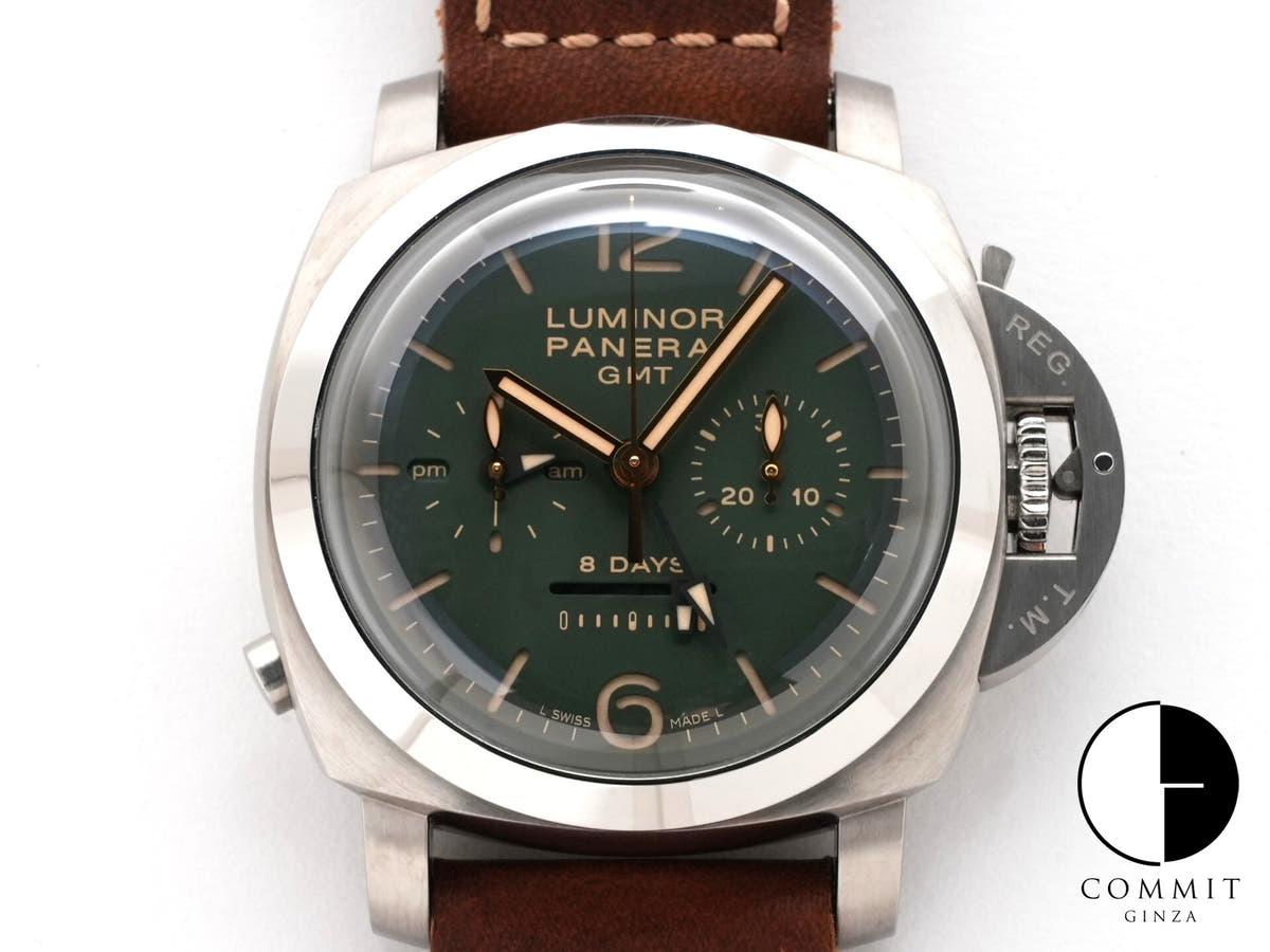 パネライ ルミノール 1950 クロノグラフ モノプルサンテ 8DAYS GMT チタニオ Ref.PAM00737 グリーン文字盤 中古 kwth6iow