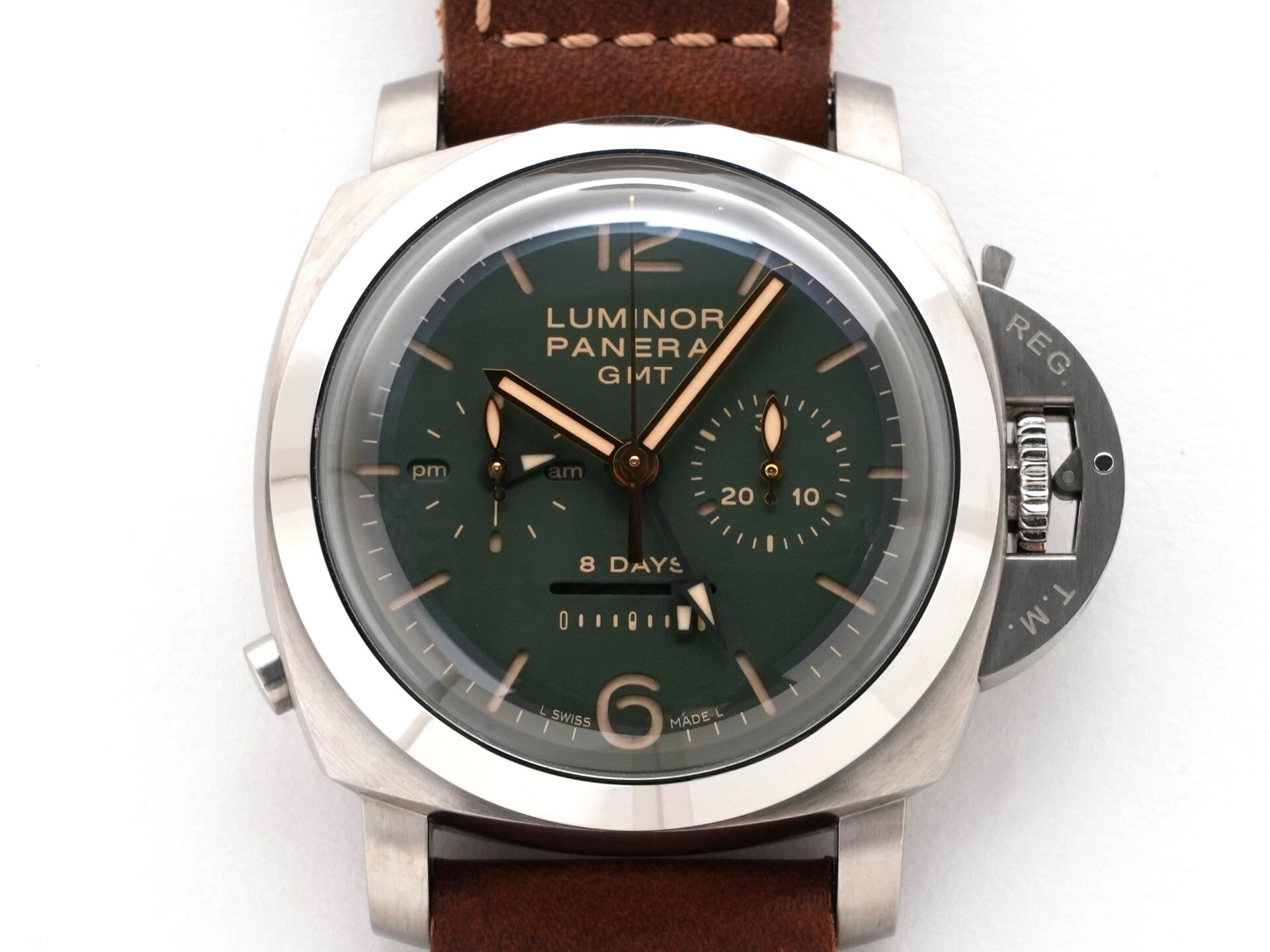 パネライ ルミノール 1950 クロノグラフ モノプルサンテ 8DAYS GMT チタニオ Ref.PAM00737 TITANIUM グリーン文字盤