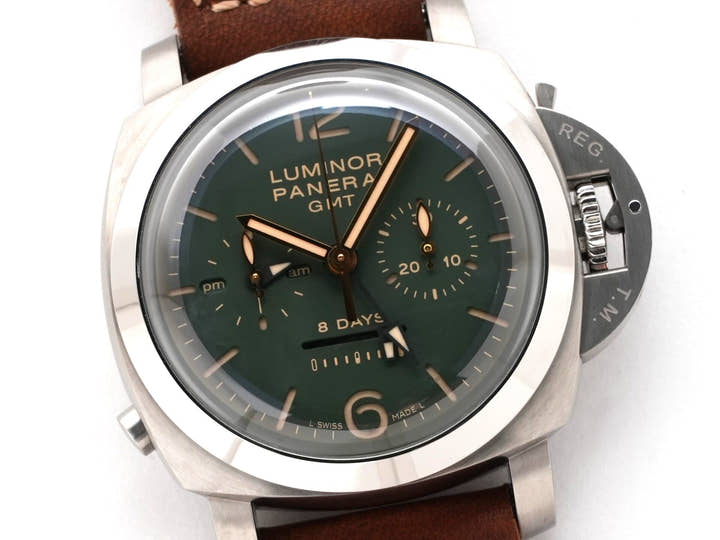 パネライ ルミノール 1950 クロノグラフ モノプルサンテ 8DAYS GMT チタニオ Ref.PAM00737 グリーン文字盤 中古 kwth6iow