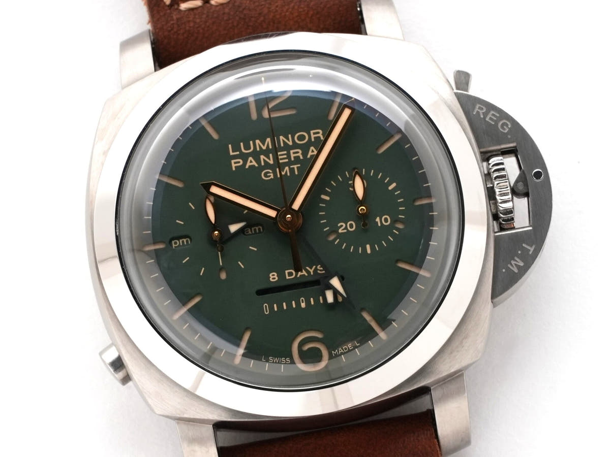 パネライ ルミノール 1950 クロノグラフ モノプルサンテ 8DAYS GMT チタニオ Ref.PAM00737 グリーン文字盤 中古 kwth6iow