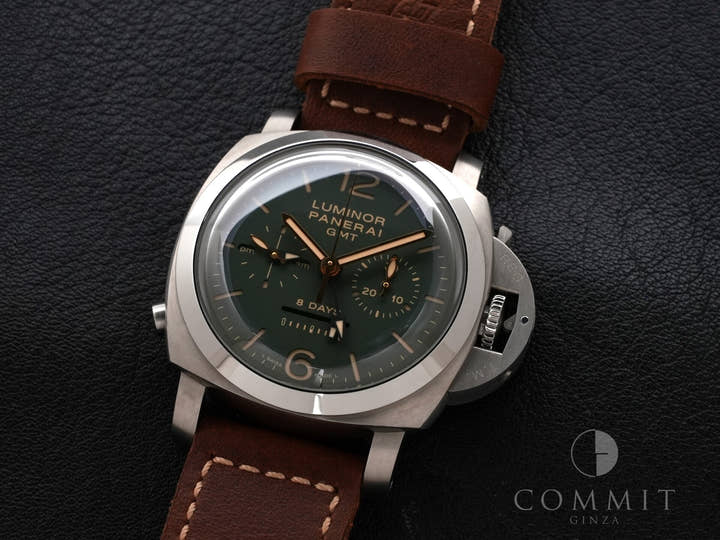 パネライ ルミノール 1950 クロノグラフ モノプルサンテ 8DAYS GMT チタニオ Ref.PAM00737 グリーン文字盤 中古 kwth6iow