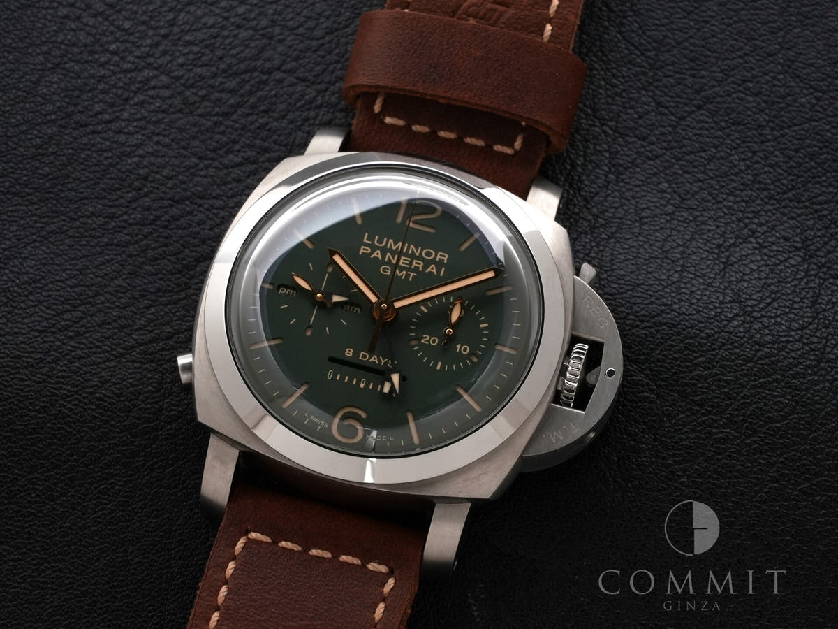 パネライ ルミノール 1950 クロノグラフ モノプルサンテ 8DAYS GMT チタニオ Ref.PAM00737 グリーン文字盤 中古 kwth6iow