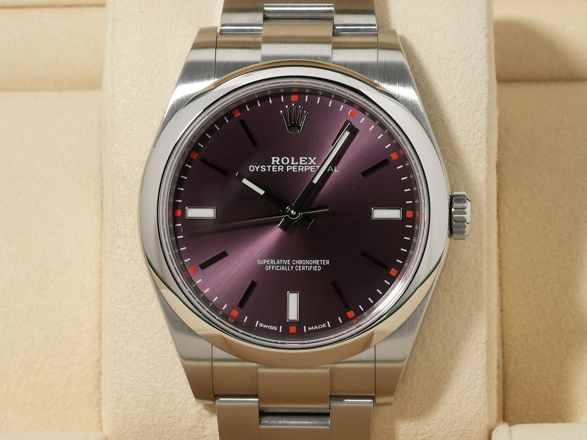 ロレックス オイスターパーペチュアル Ref.114300 レッドグレープ文字盤 極美品 wy577xm4