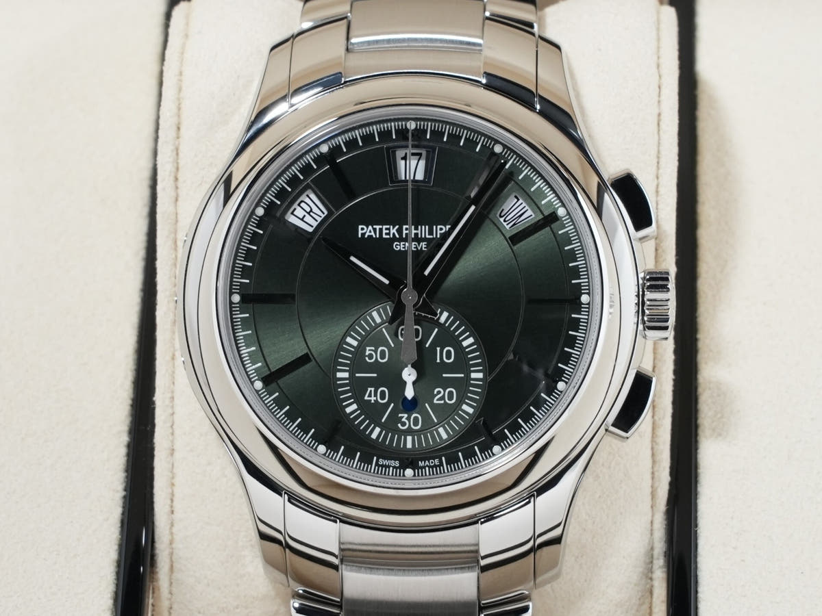 Patek Philippe Annual Calendar Chronograph Ref.5905/1A-001 Stainless Steel Olive Green Soleil Dial Unused t8fk8toe