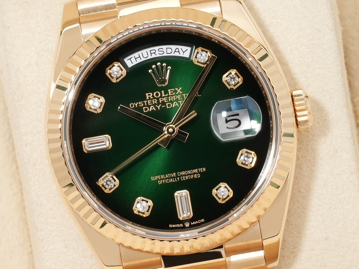 ロレックス デイデイト36 Ref.128238A 18KYG グリーンオンブレ文字盤 美中古 7j6c98tm