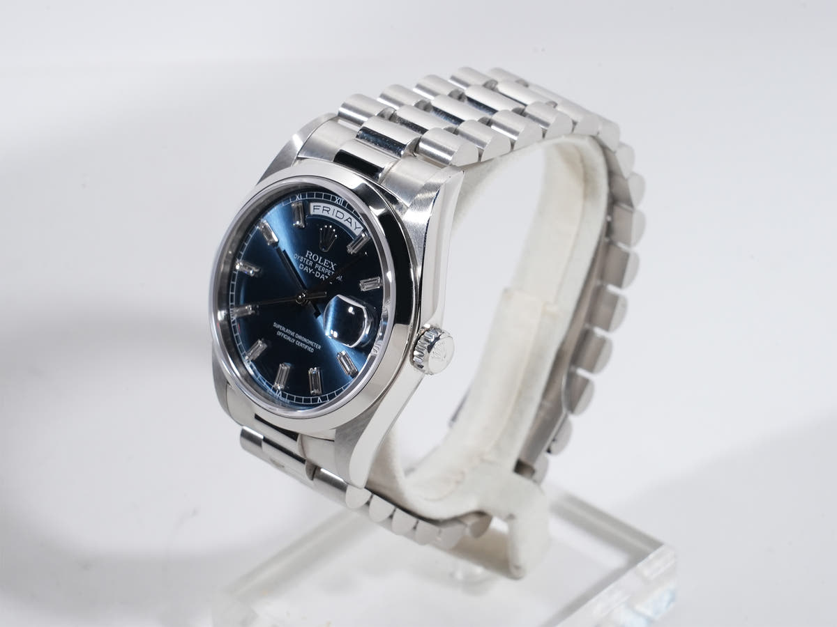 ロレックス デイデイト Ref.18206B PT ブルーx10Pバゲットダイヤ文字盤 中古 f5sqdyi3