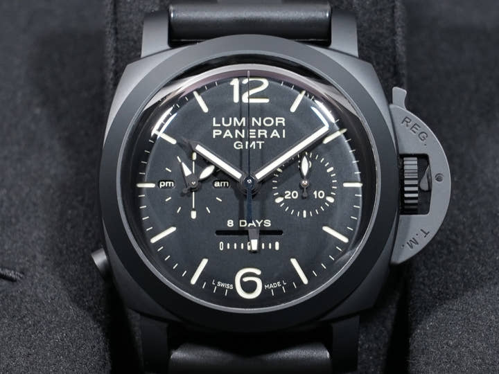 パネライ ルミノール 1950 8DAYSクロノ モノプルサンテGMT Ref.PAM00317 ブラック セラミック ブラック文字盤 美中古 3scgaox9