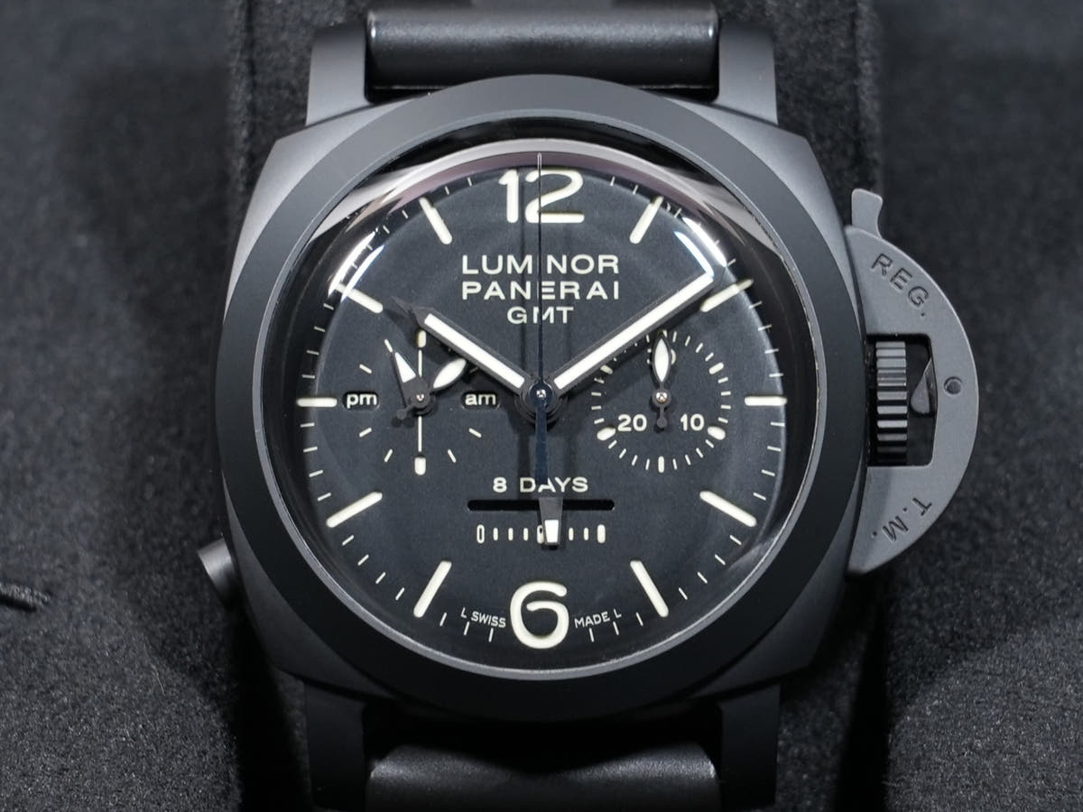 パネライ ルミノール 1950 8DAYSクロノ モノプルサンテGMT Ref.PAM00317 BLACK CERAMIC ブラック文字盤 美中古 3scgaox9