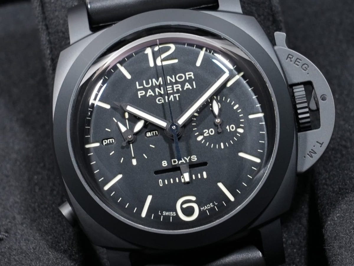 パネライ ルミノール 1950 8DAYSクロノ モノプルサンテGMT Ref.PAM00317 BLACK CERAMIC ブラック文字盤 美中古 3scgaox9