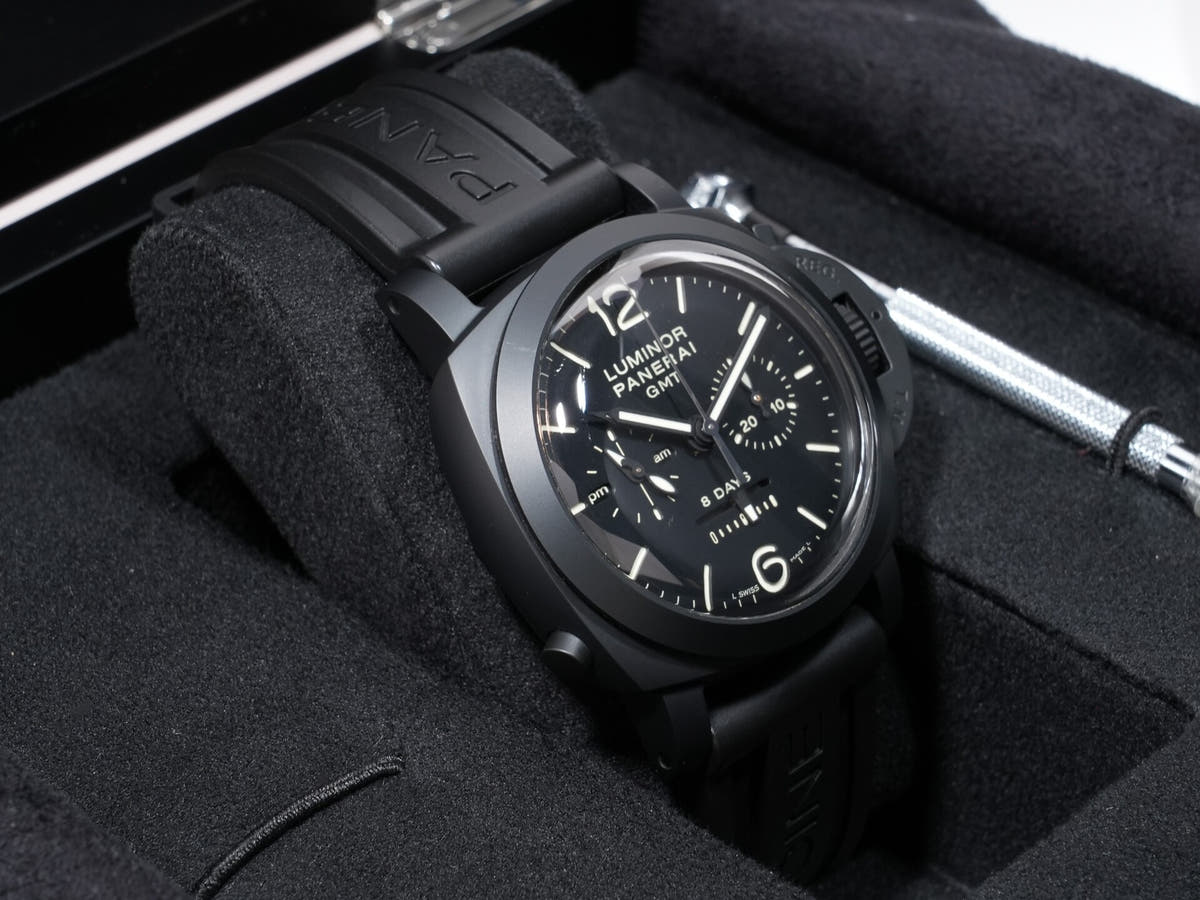 パネライ ルミノール 1950 8DAYSクロノ モノプルサンテGMT Ref.PAM00317 BLACK CERAMIC ブラック文字盤 美中古 3scgaox9