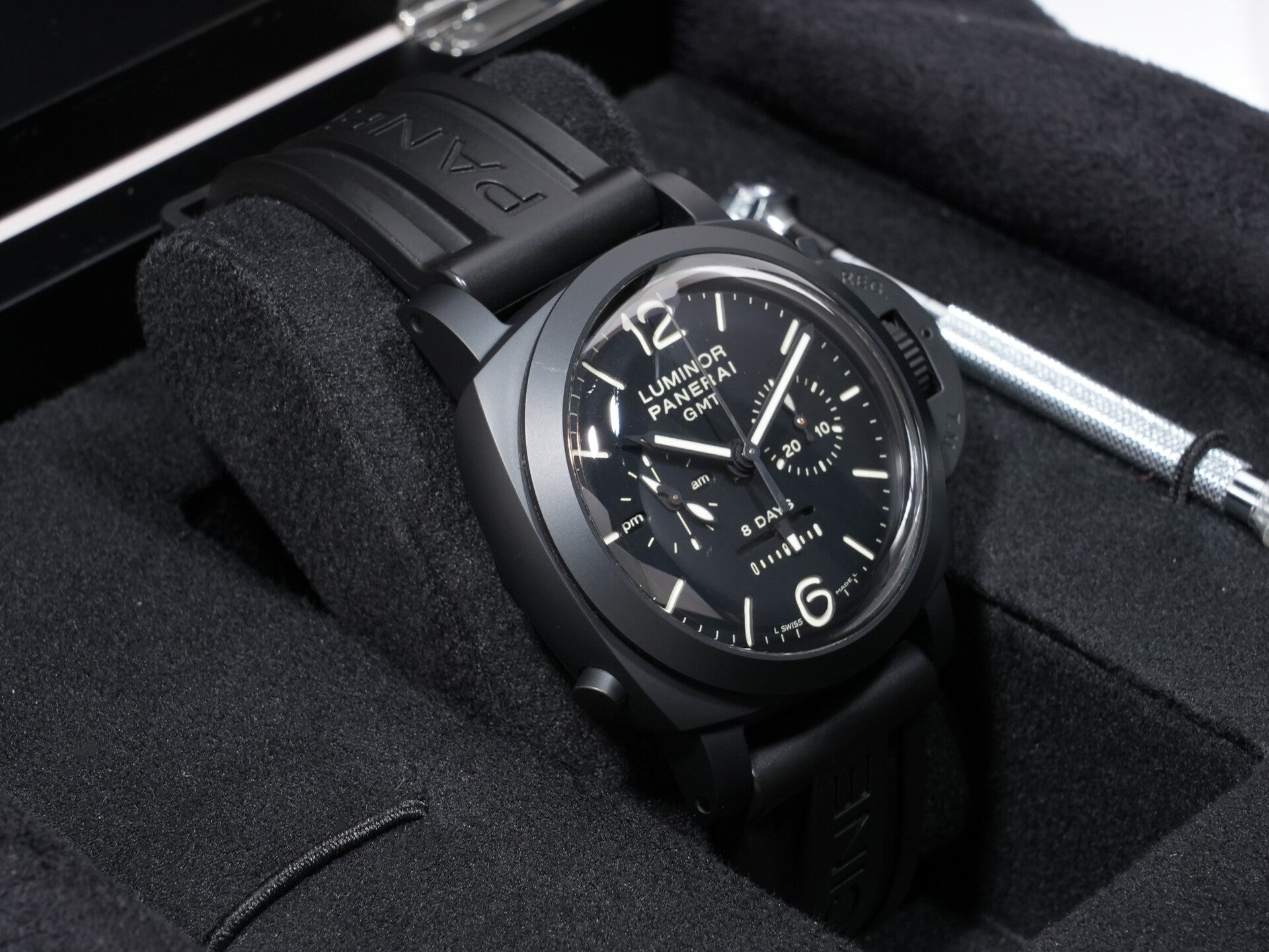 パネライ ルミノール 1950 8DAYSクロノ モノプルサンテGMT Ref.PAM00317 BLACK CERAMIC ブラック文字盤 美中古 3scgaox9