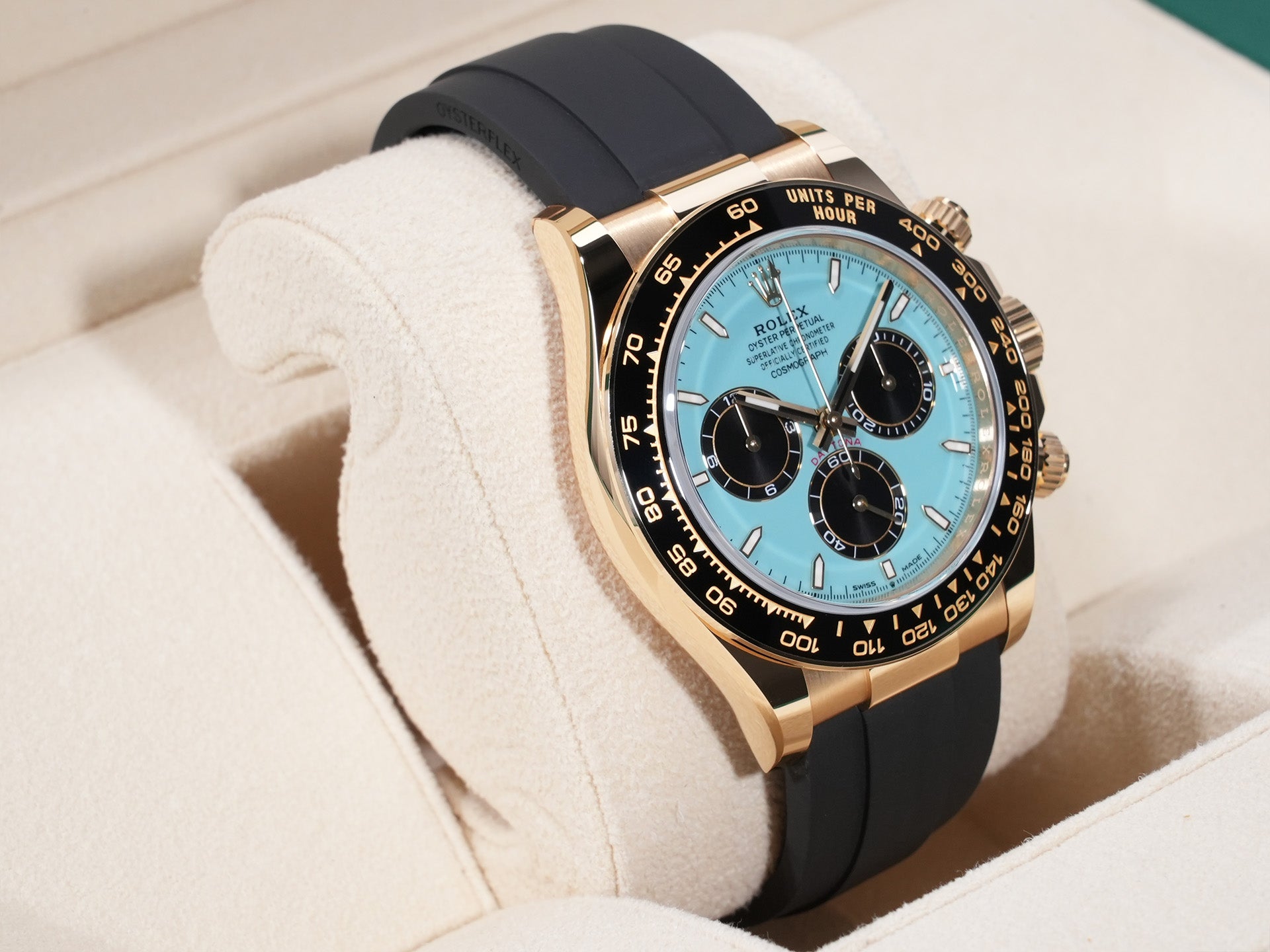 Rolex Daytona Ref. 126518LN 18KYG Turquoise Blue Dial, Unused.  (b7pa85qq appears to be an internal reference number and not part of the product description)
