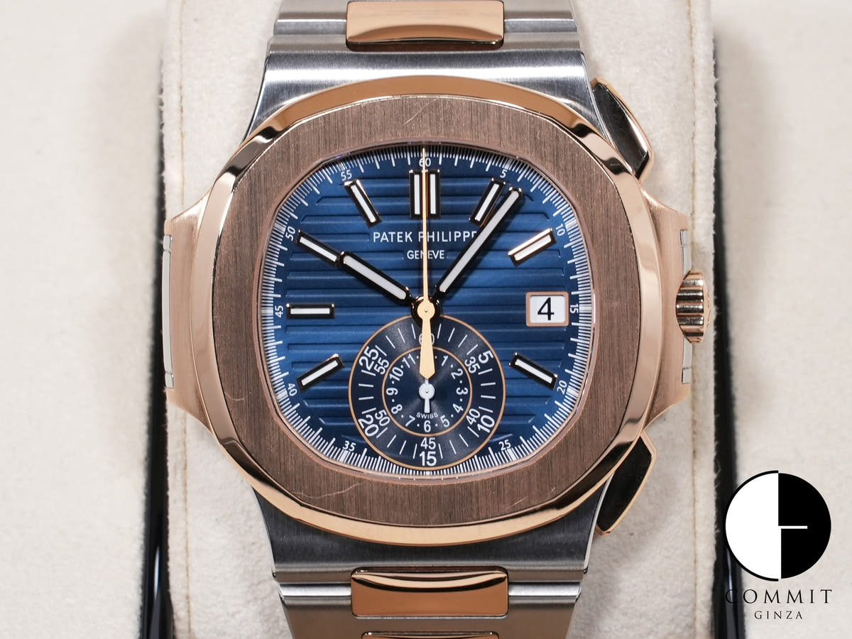 Patek Philippe Nautilus Chronograph Ref. 5980/1AR-001 SS/RG Blue Dial, Pre-owned, Excellent Condition  (67aqopet likely refers to an internal reference number or ID and is not translated)