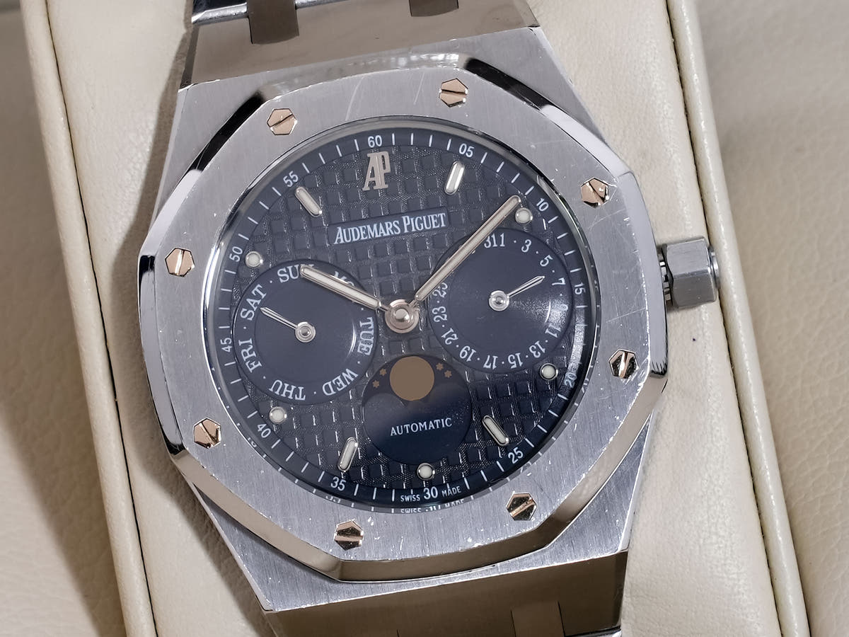オーデマピゲ ロイヤルオーク デイデイト ムーンフェイズ Ref.25594ST.OO.0789ST.05 SS ブルー文字盤 中古 9dtnwyjp
