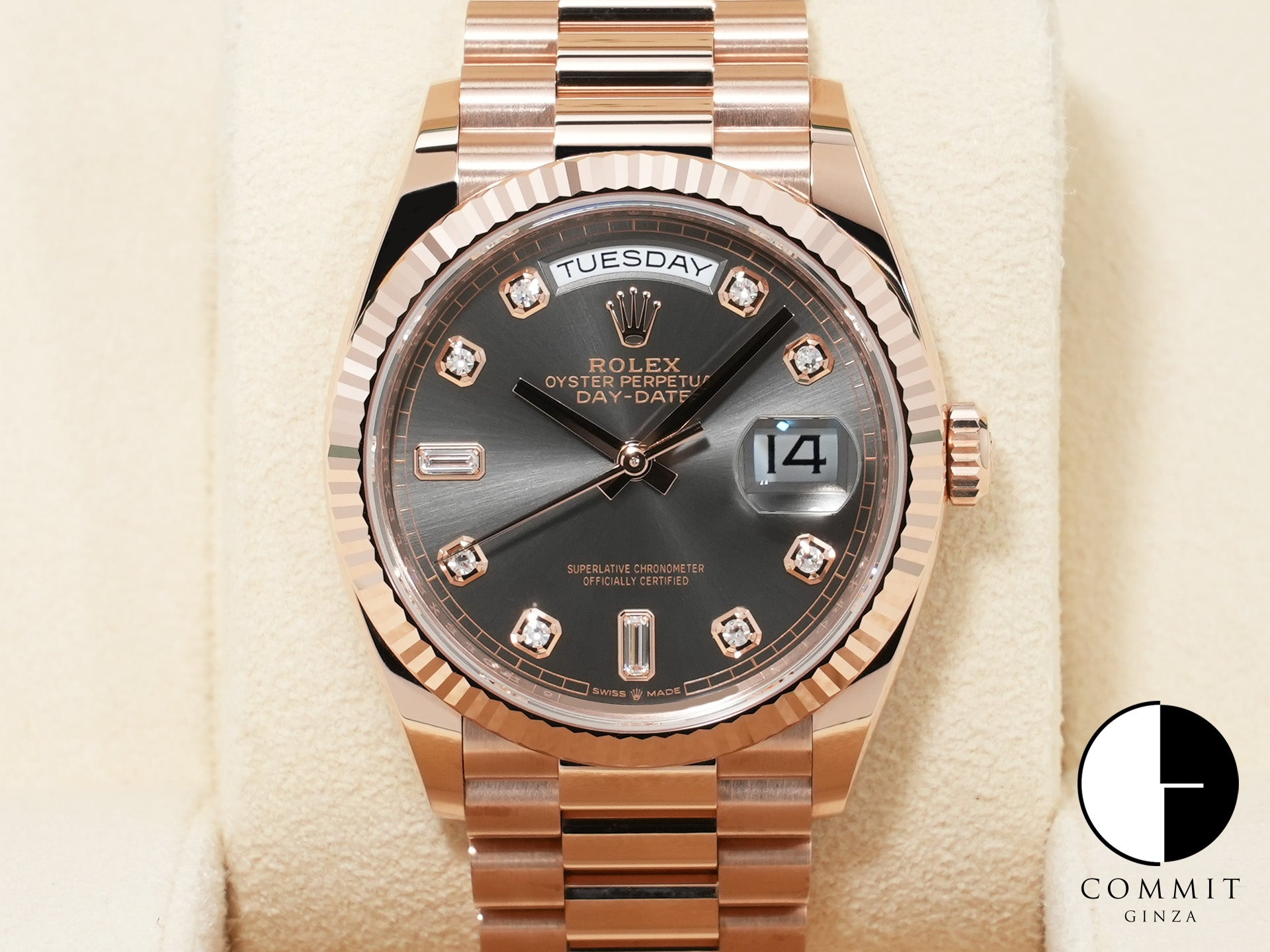 Rolex Day-Date 36 Ref. 128235 Everose Gold Slate Dial with 10 Diamond Hour Markers, Pre-owned, Excellent Condition.  (66kk6ak3 appears to be an internal reference number and is not translated)