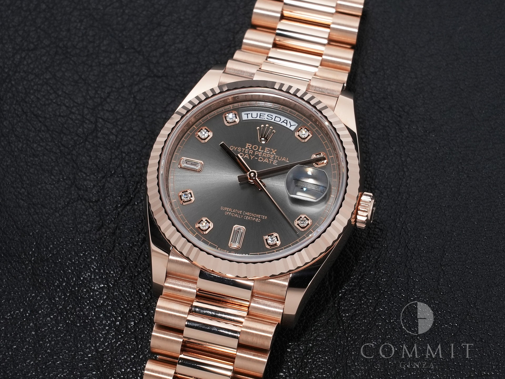 Rolex Day-Date 36 Ref. 128235 Everose Gold Slate Dial with 10 Diamond Hour Markers, Pre-owned, Excellent Condition.  (66kk6ak3 appears to be an internal reference number and is not translated)