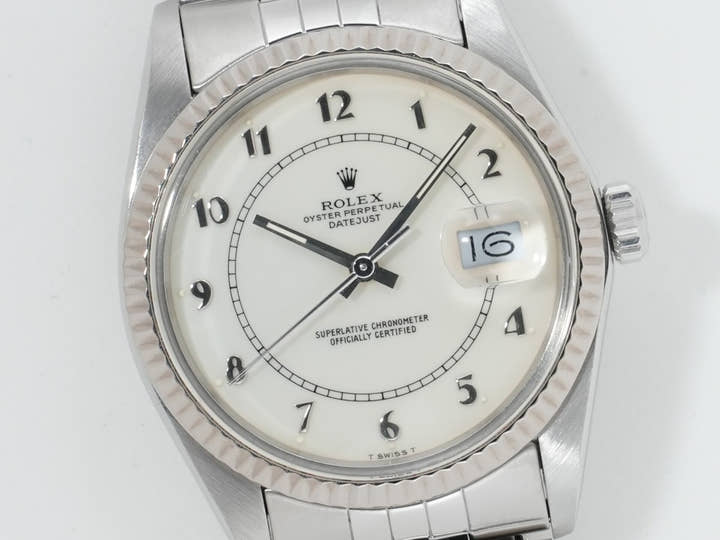 Pre-owned Rolex Datejust Ref. 16014, stainless steel/white gold, boiler gauge dial, Jubilee bracelet.  (6evzeokt appears to be an internal reference number and not part of the product description)