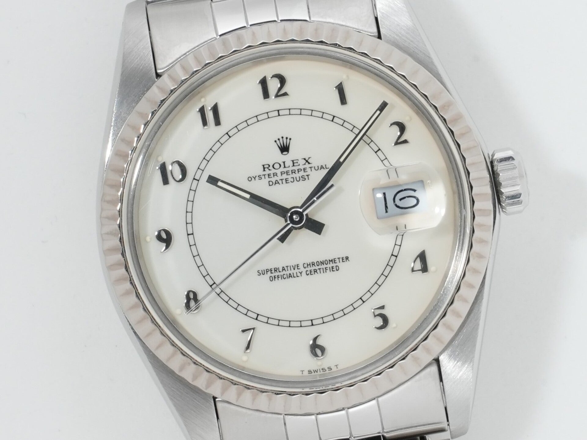 Pre-owned Rolex Datejust Ref. 16014, stainless steel/white gold, boiler gauge dial, Jubilee bracelet.  (6evzeokt appears to be an internal reference number and not part of the product description)