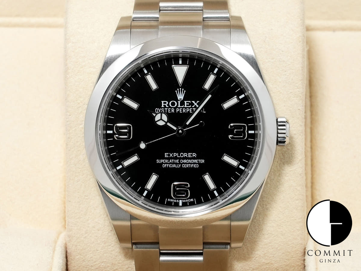 Rolex Explorer I, mirror black dial, Ref. 214270, stainless steel, black dial, Oyster bracelet, pre-owned.  (2ju4j5wu appears to be an internal reference number and not part of the product description)