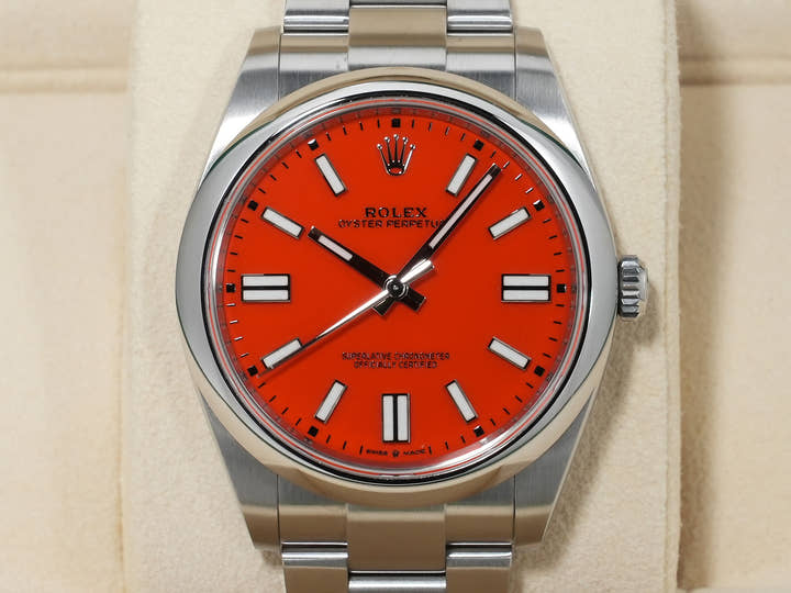 ロレックス オイスターパーペチュアル41 Ref.124300 ステンレススチール コーラルレッド文字盤 中古 rcbtv744