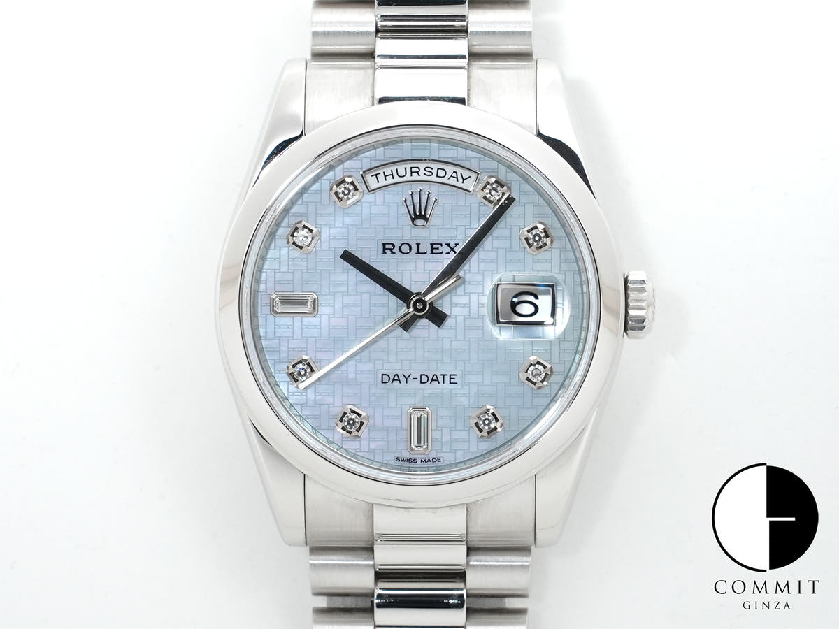 ロレックス デイデイト36 Ref.118206A プラチナ マザーオブパールx10Pダイヤ文字盤 中古 8texga9v