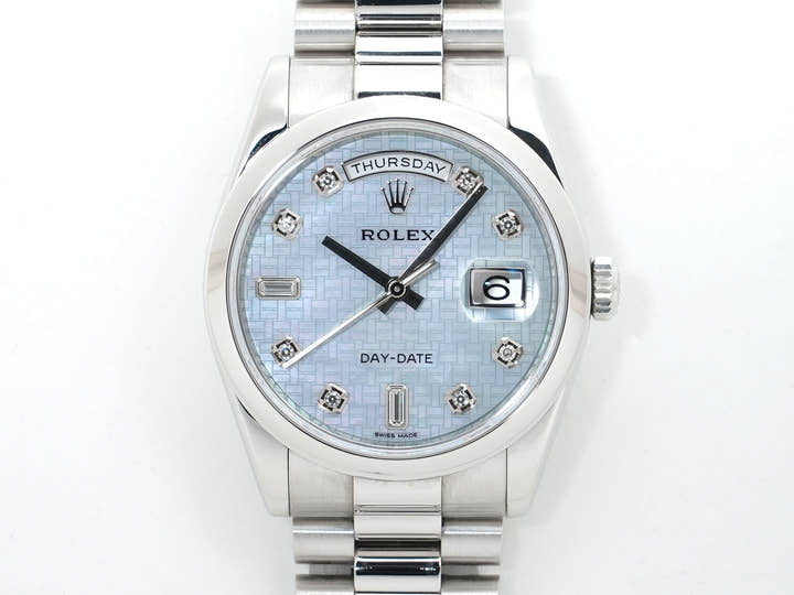ロレックス デイデイト36 Ref.118206A プラチナ マザーオブパールx10Pダイヤ文字盤 中古 8texga9v