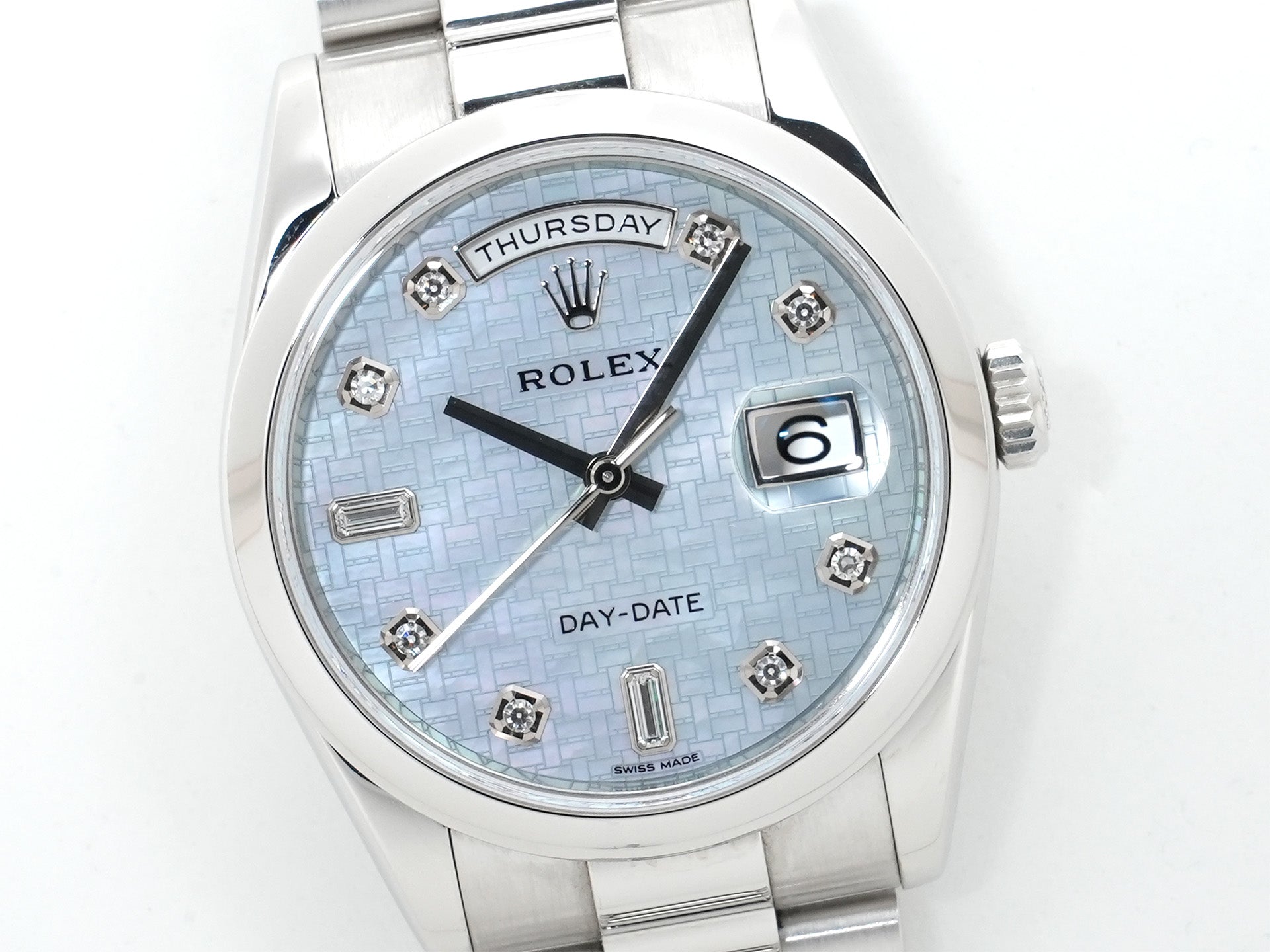 ロレックス デイデイト36 Ref.118206A プラチナ マザーオブパールx10Pダイヤ文字盤 中古 8texga9v