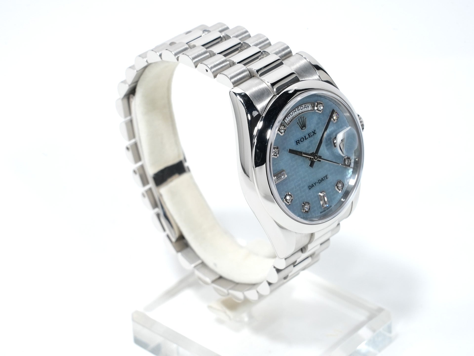 ロレックス デイデイト36 Ref.118206A プラチナ マザーオブパールx10Pダイヤ文字盤 中古 8texga9v