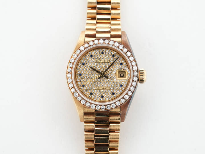 Pre-owned Rolex Datejust Ref. 69138 Yellow Gold with 11 Pave Diamonds and Sapphire Dial (r5c3vggt)