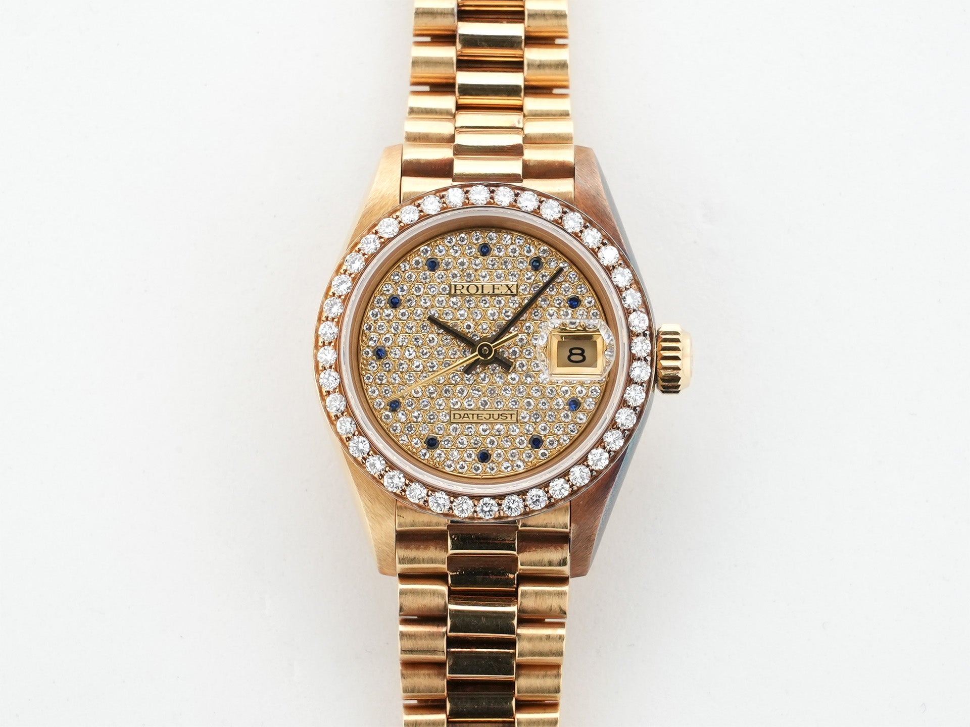 Pre-owned Rolex Datejust Ref. 69138 Yellow Gold with 11 Pave Diamonds and Sapphire Dial (r5c3vggt)