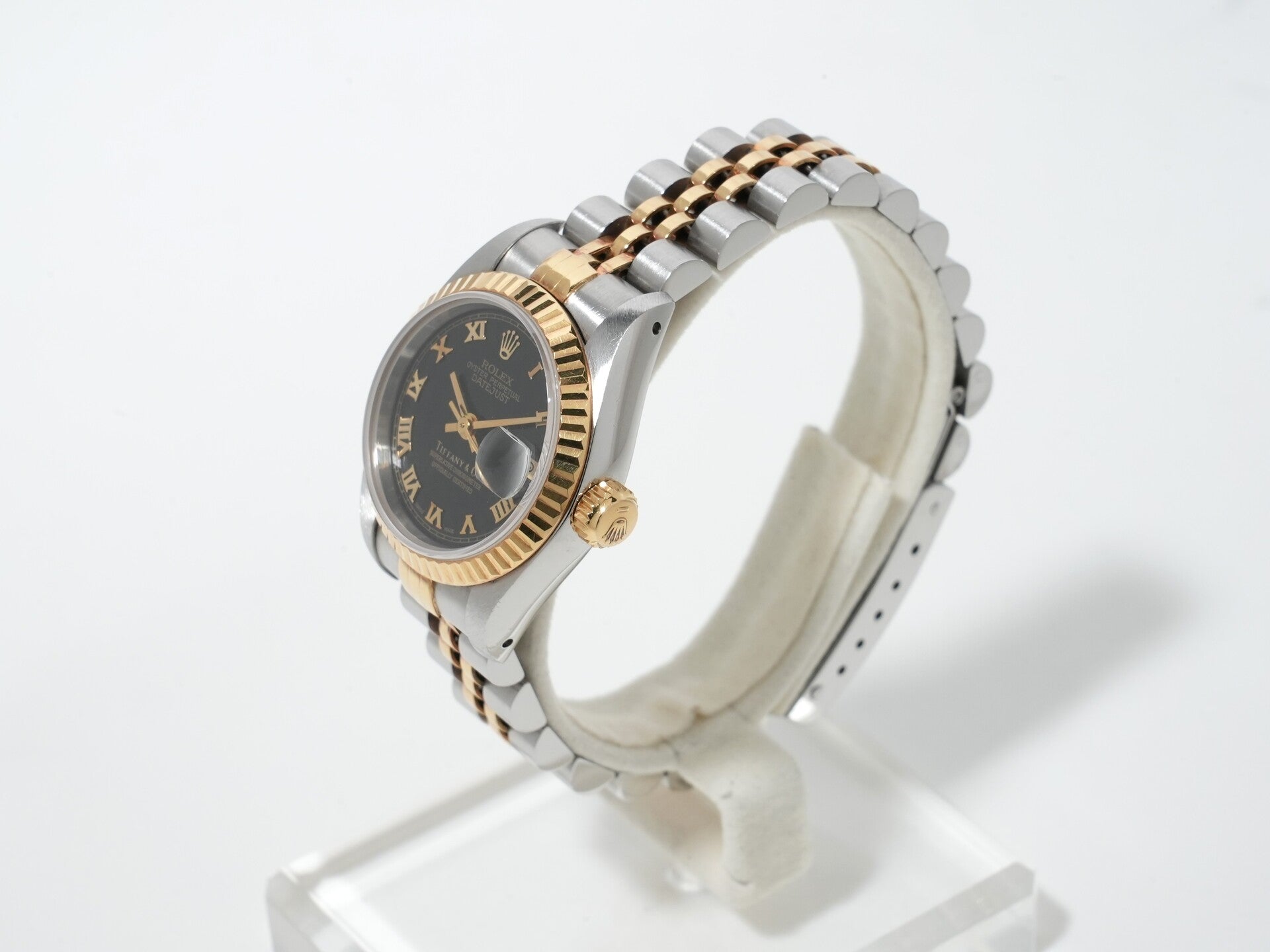 Pre-owned Rolex Datejust TIFFANY &amp; CO. Ref. 69173 in Stainless Steel/Yellow Gold with Black Pyramid Roman Dial and Jubilee Bracelet (goeq3n8r)