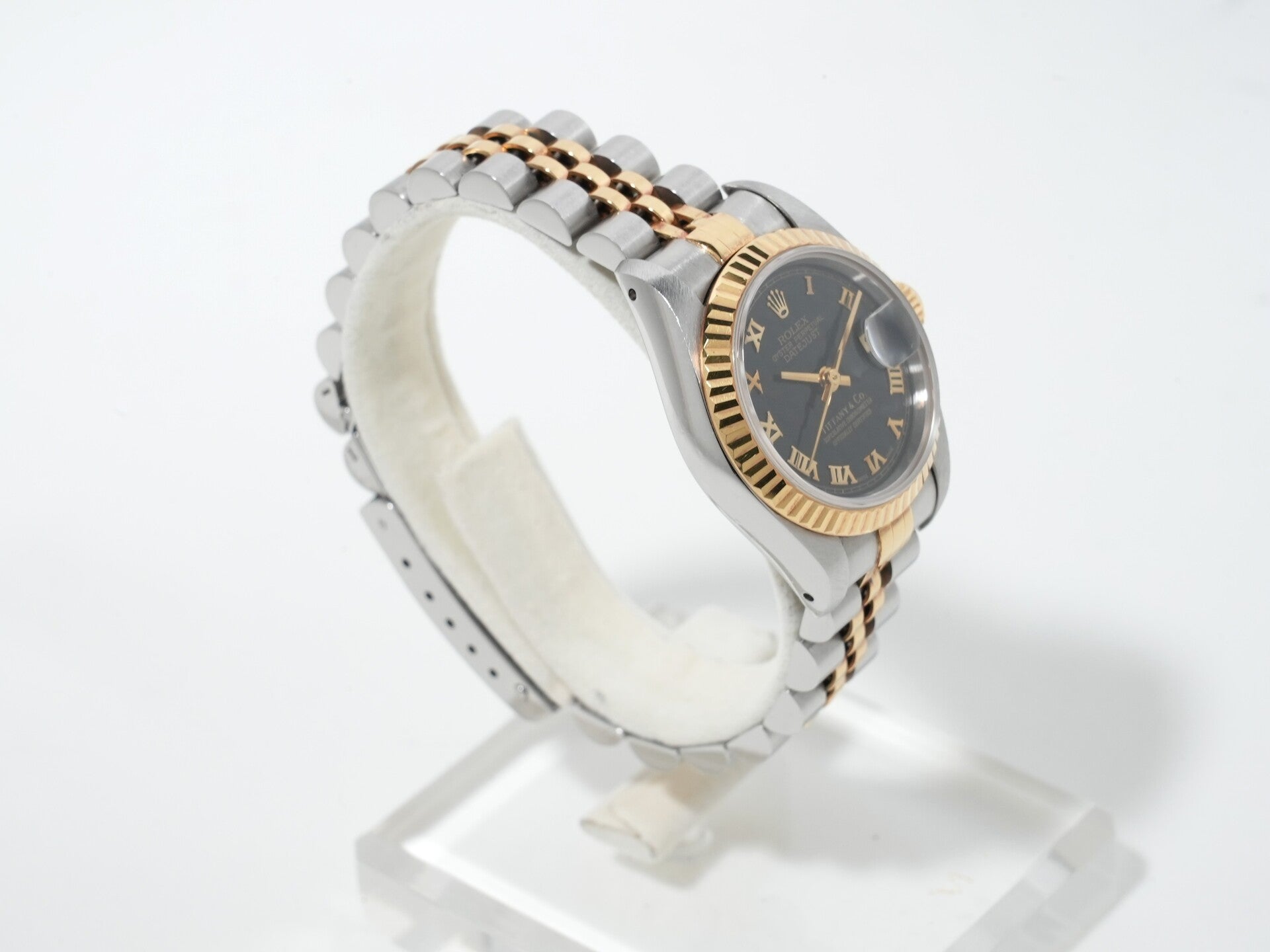 Pre-owned Rolex Datejust TIFFANY &amp; CO. Ref. 69173 in Stainless Steel/Yellow Gold with Black Pyramid Roman Dial and Jubilee Bracelet (goeq3n8r)