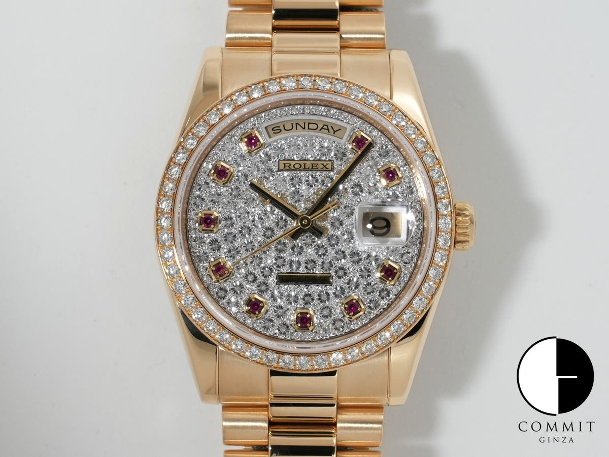 Rolex Day-Date Ref. 118348 Yellow Gold Pavé Diamond and 10 Ruby Dial, Excellent Condition, 3r5upnkr