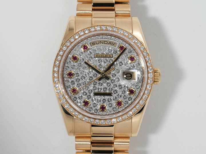 Rolex Day-Date Ref. 118348 Yellow Gold Pavé Diamond and 10 Ruby Dial, Excellent Condition, 3r5upnkr