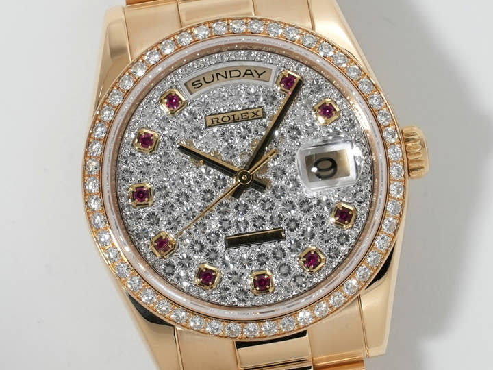 Rolex Day-Date Ref. 118348 Yellow Gold Pavé Diamond and 10 Ruby Dial, Excellent Condition, 3r5upnkr
