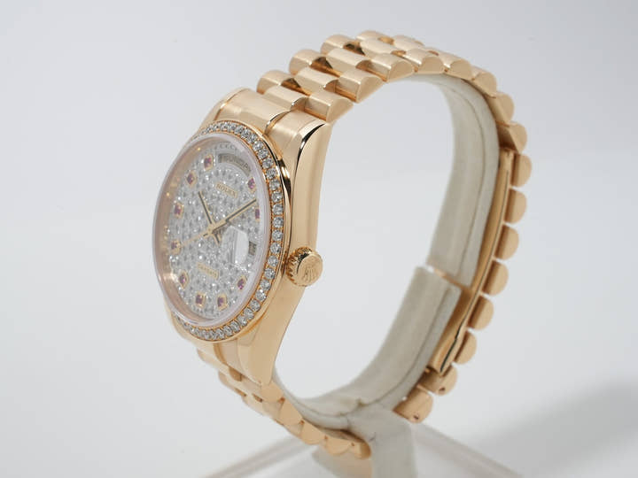 Rolex Day-Date Ref. 118348 Yellow Gold Pavé Diamond and 10 Ruby Dial, Excellent Condition, 3r5upnkr