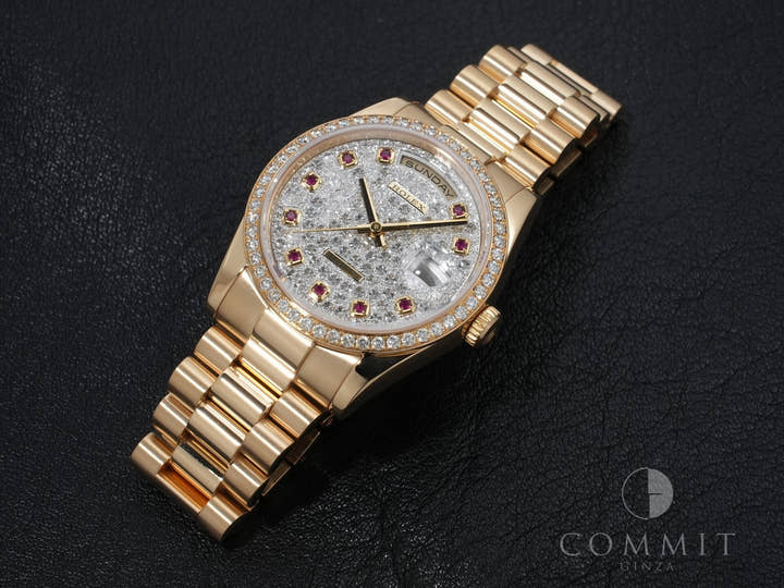 Rolex Day-Date Ref. 118348 Yellow Gold Pavé Diamond and 10 Ruby Dial, Excellent Condition, 3r5upnkr