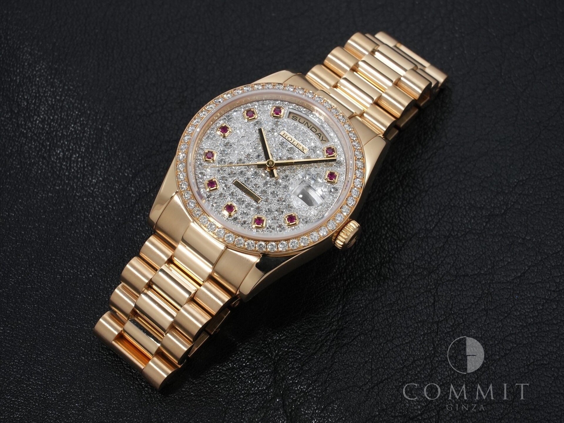 Rolex Day-Date Ref. 118348 Yellow Gold Pavé Diamond and 10 Ruby Dial, Excellent Condition, 3r5upnkr