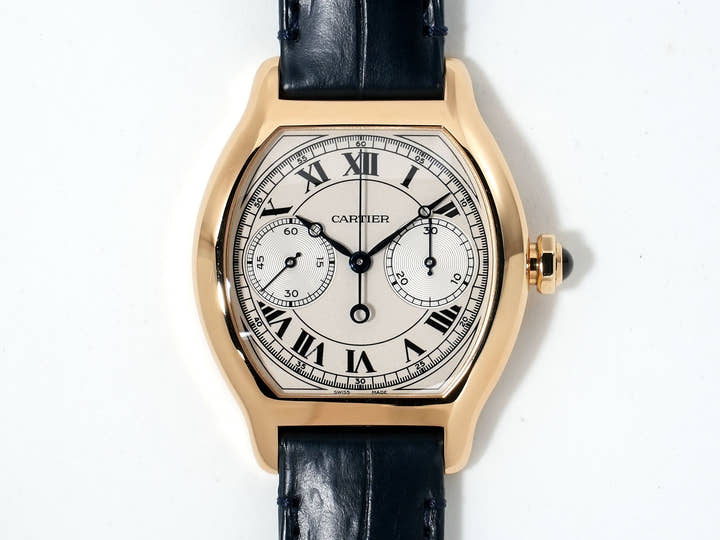 Cartier Tortue Monopusher Chronograph Ref. WHTO0007 Yellow Gold with Silver Dial, Excellent Condition, awg75x49