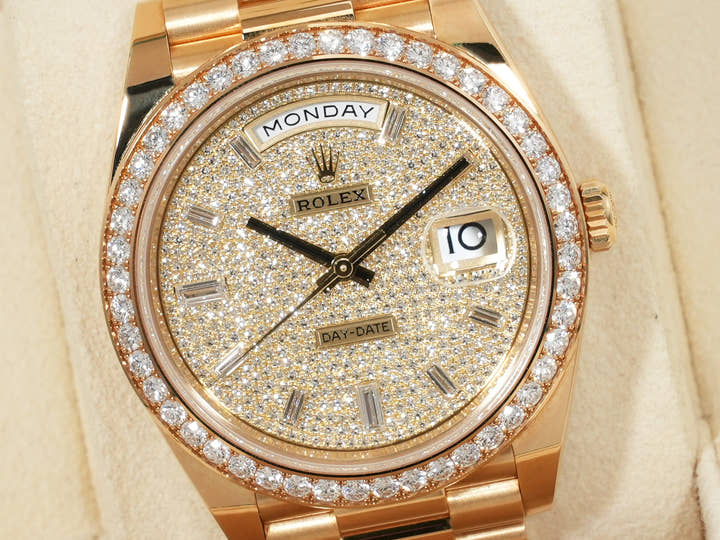 ロレックス デイデイト40 Ref.228348RBR イエローゴールド パヴェダイヤモンドx10Pダイヤ文字盤 中古 7rtzvvzp
