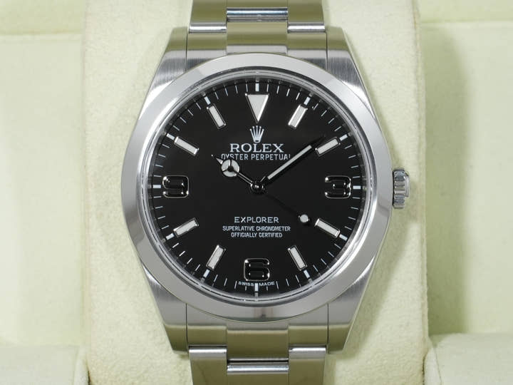 ロレックス エクスプローラーI 鏡面ブラックアウト Ref.214270 ステンレススチール ブラック文字盤 オイスターブレスレット 美品 gscpn3jc