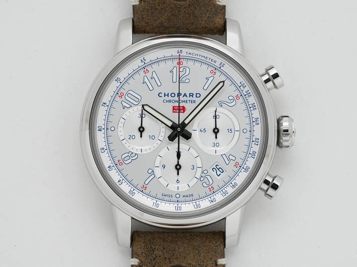 ショパール ミッレ ミリア クラシック クロノグラフ トリビュート トゥ サー・スターリング・モス Ref.168619-3012 ステンレススチール シルバー文字盤 極美品 t4usb4zp