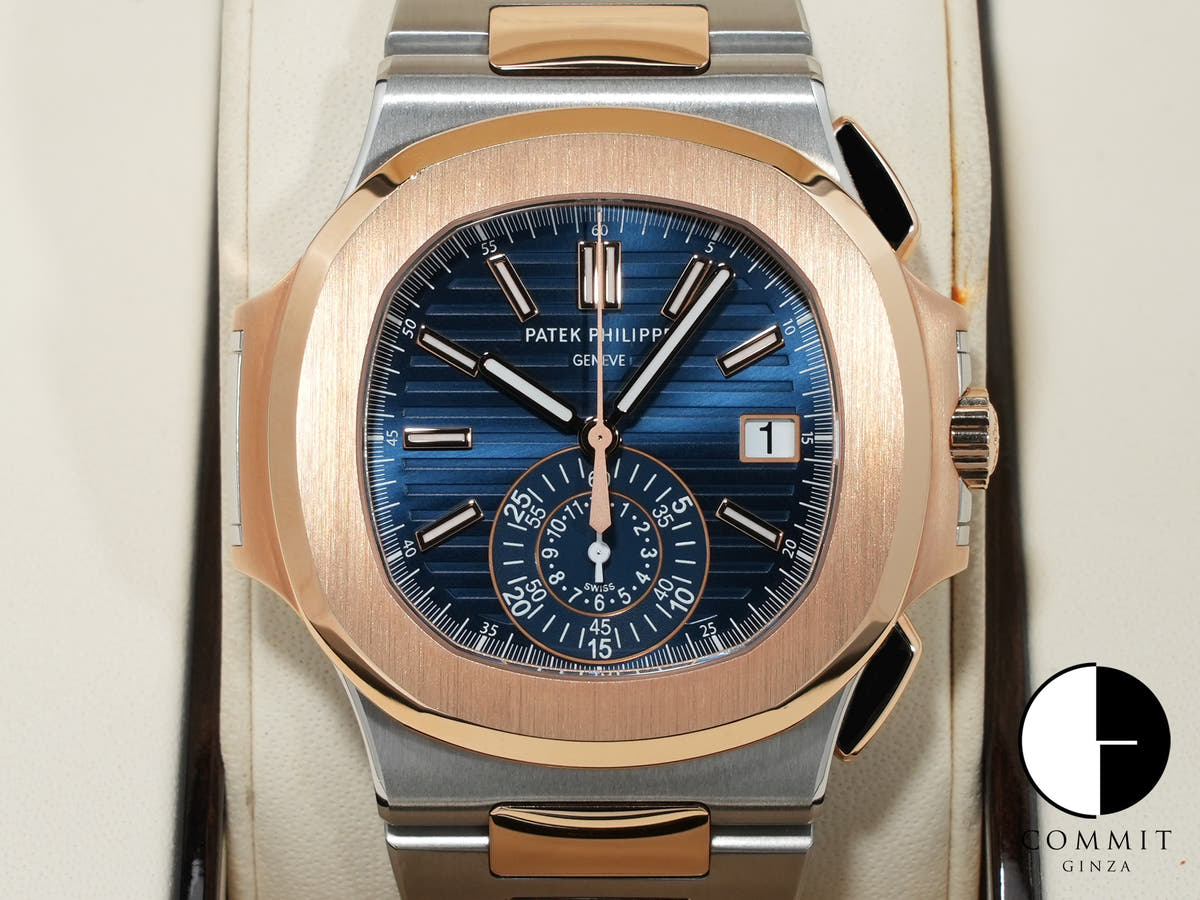 Patek Philippe Nautilus Chronograph Ref. 5980/1AR-001 Stainless Steel/Rose Gold Blue Dial Excellent Condition i5wfdggn