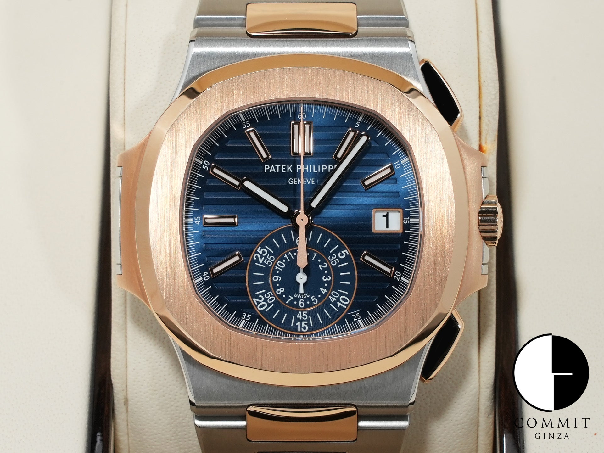 Patek Philippe Nautilus Chronograph Ref. 5980/1AR-001 Stainless Steel/Rose Gold Blue Dial Excellent Condition i5wfdggn