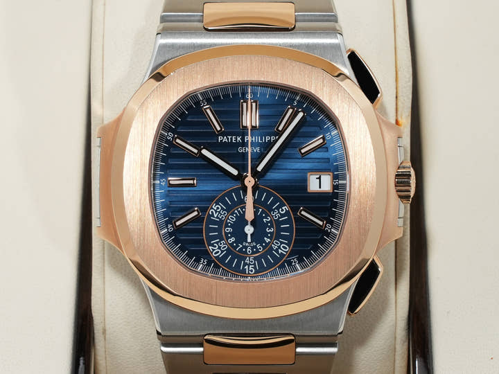 Patek Philippe Nautilus Chronograph Ref. 5980/1AR-001 Stainless Steel/Rose Gold Blue Dial Excellent Condition i5wfdggn