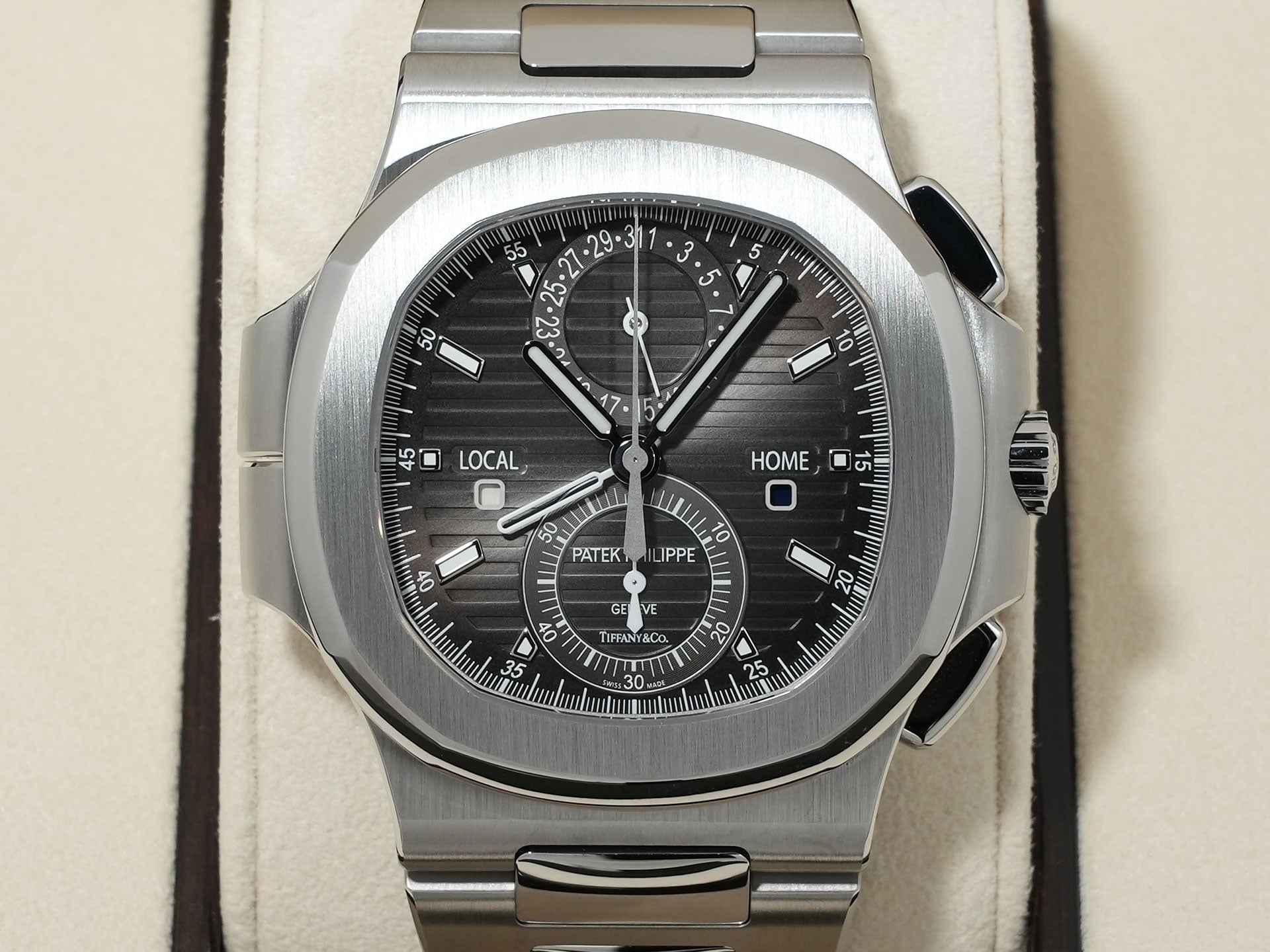 Patek Philippe Nautilus Travel Time Chronograph TIFFANY & CO. Ref. 5990/1A-001 Stainless Steel Black Gradient Dial Unused n96h3tzh