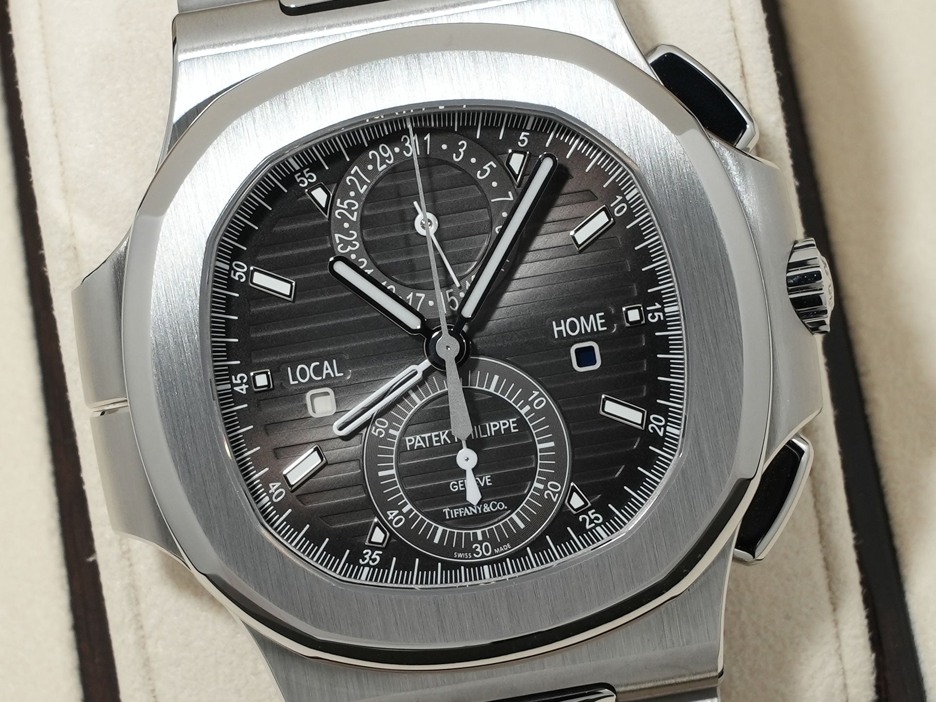 Patek Philippe Nautilus Travel Time Chronograph TIFFANY & CO. Ref. 5990/1A-001 Stainless Steel Black Gradient Dial Unused n96h3tzh