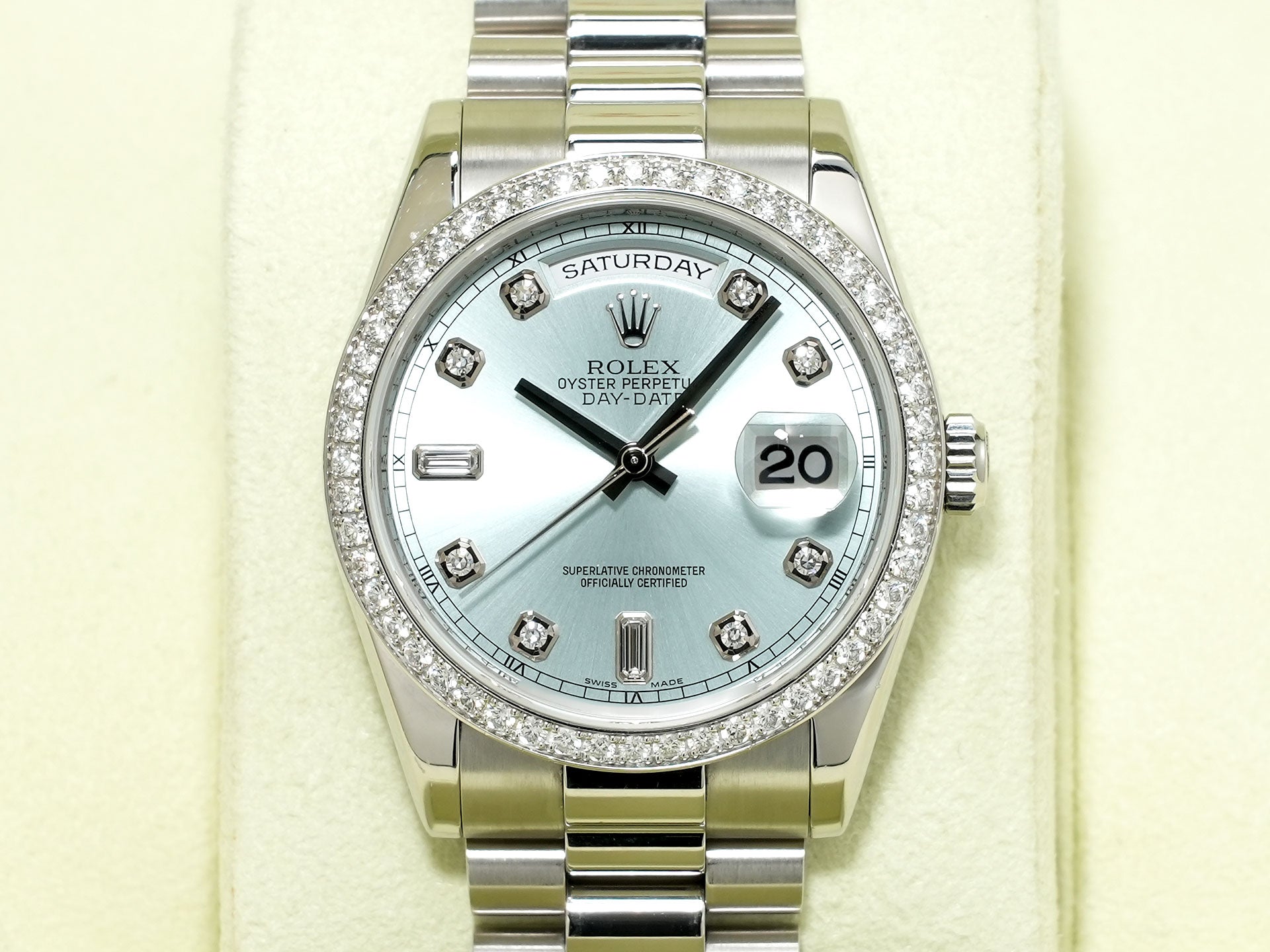 Pre-owned Rolex Day-Date Ref. 118346A Platinum Ice Blue with 10 Diamond Dial (jn7cajvj)